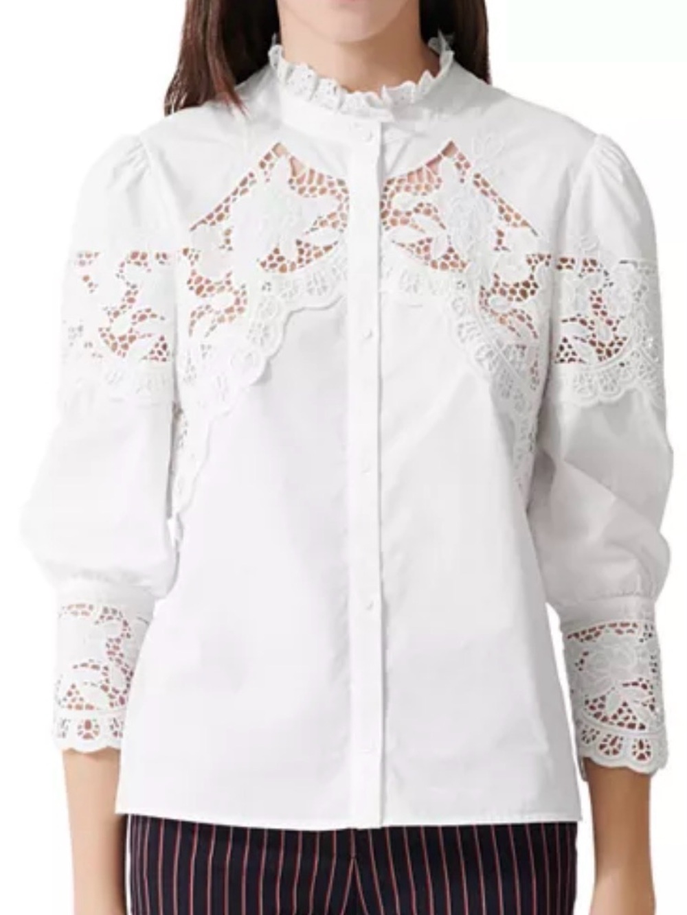 $218 Maje Women Cebella Lace Trim Cotton Shirt White Size 1, Fits Small, 4-6